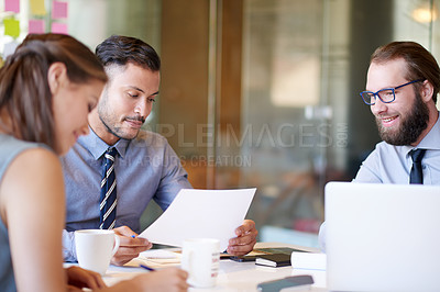 Buy stock photo Business, people and reading document in office for accounting, teamwork and financial planning. Employees, paperwork and collaboration for brainstorming, finance report and information on investment