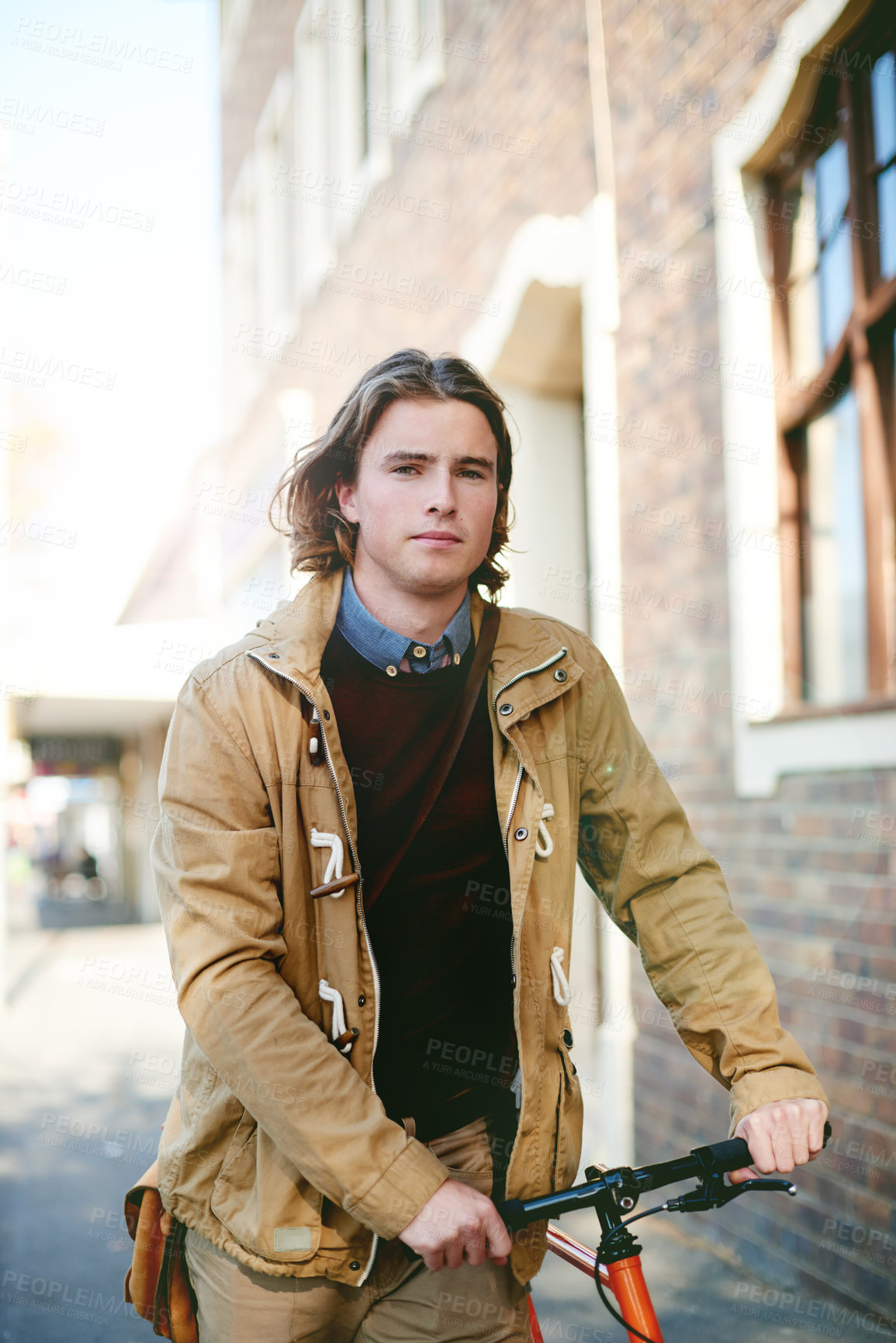 Buy stock photo Commute, portrait and man with bicycle in city for sustainable travel or cycling in town. Outdoor, morning or male person with bike for eco friendly transportation on urban sidewalk street in London