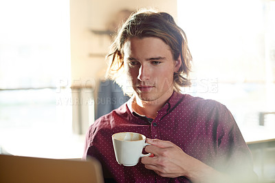 Buy stock photo Cafe, laptop and man with coffee, online reading and research for article. Person, copywriting and journalist with pc, cappuccino and email with feedback, review and news report with small business