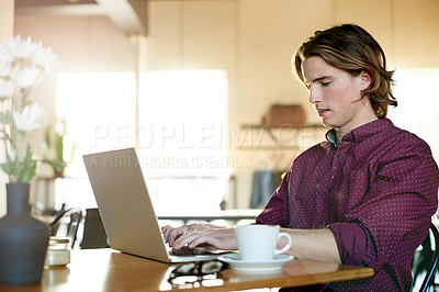 Buy stock photo Laptop, typing and man in coffee shop for remote learning, research or check curriculum on internet. Computer, cafe and online education with student to review thesis and quiz for college course