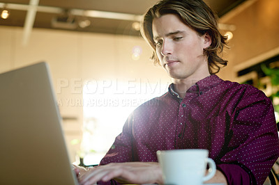 Buy stock photo Laptop, student and man in coffee shop for online education, research or check curriculum. Computer, cafe and remote learning with scholarship, typing thesis and quiz for college course on internet