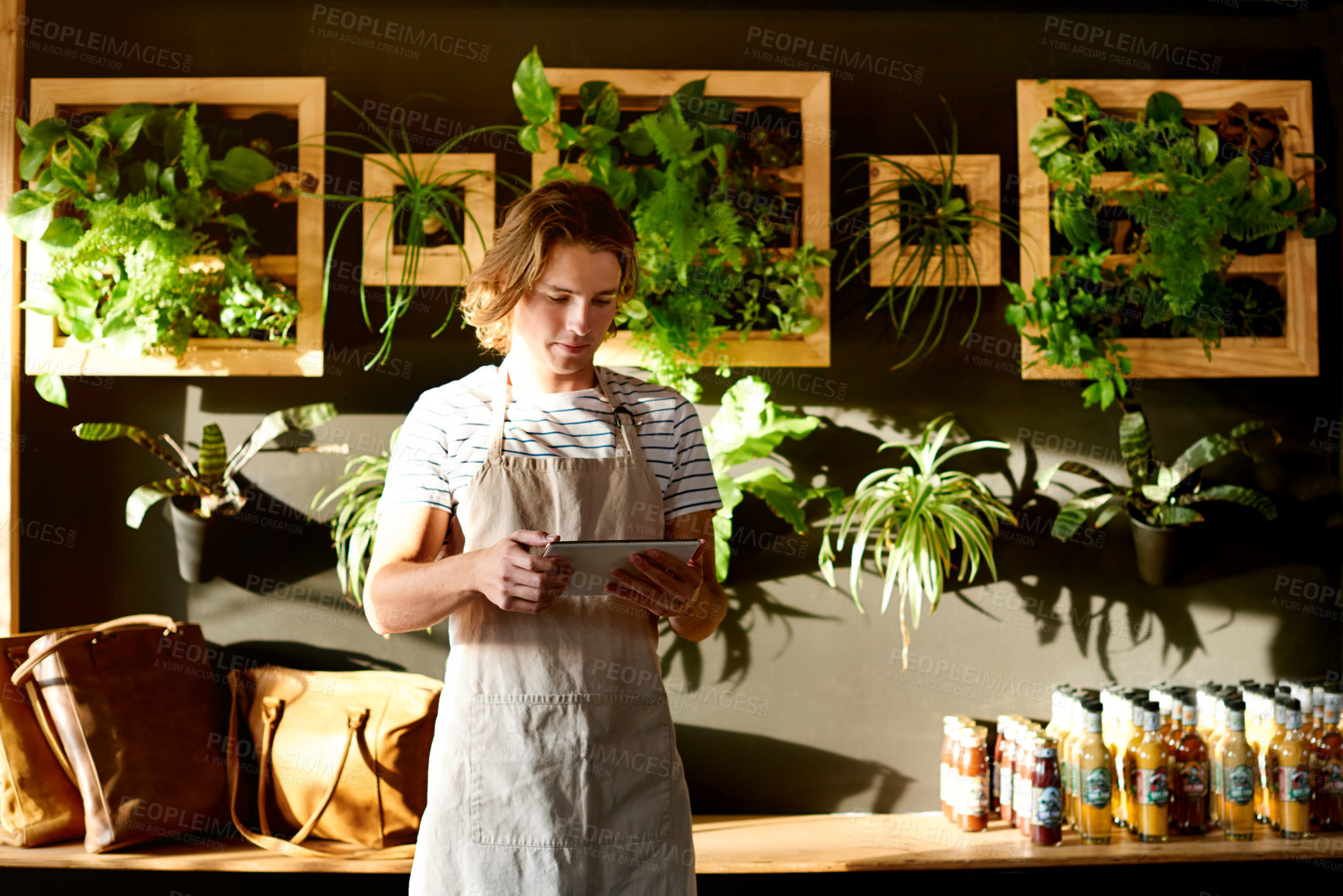 Buy stock photo Cafe, waiter and man on tablet for orders, inventory and stock with seasoning options. Coffee shop, technology and male barista with touchscreen for managing sales and store service in restaurant