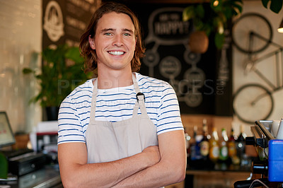 Buy stock photo Crossed arms, barista and portrait of man in coffee shop for customer service, about us and opening. Happy, smile and person in restaurant, diner or cafe for friendly welcome, serving and hospitality
