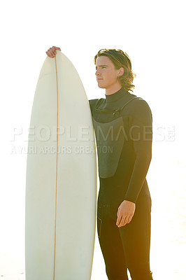 Buy stock photo Beach, surfboard and man with vacation, tourism and extreme sports with break, nature and hobby. Athlete, outdoor and person with recreation, holiday and travel with fitness, view and training