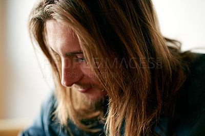 Buy stock photo Thinking, calm and man in home for relaxing, resting and comfortable on weekend. Apartment, morning and closeup of thoughtful person with reflection, memory and nostalgia for peace in living room