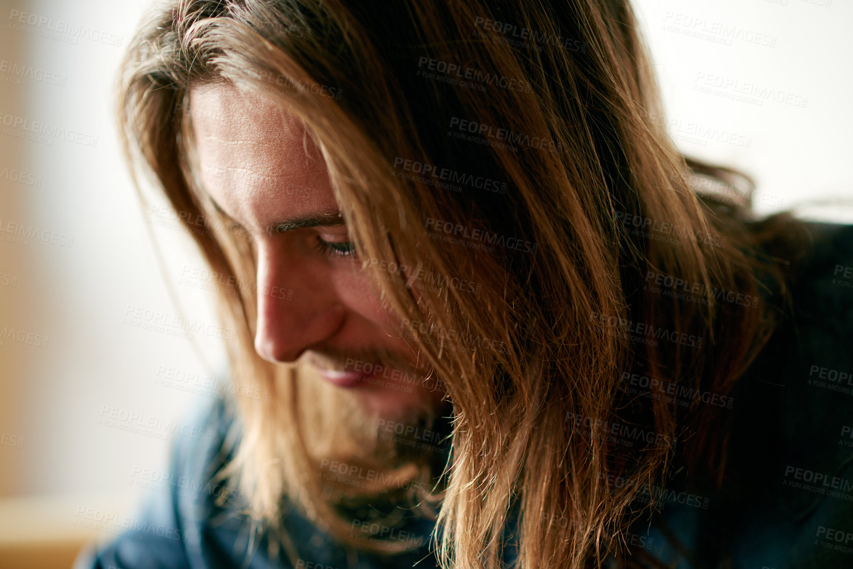 Buy stock photo Thinking, calm and man in home for relaxing, resting and comfortable on weekend. Apartment, morning and closeup of thoughtful person with reflection, memory and nostalgia for peace in living room