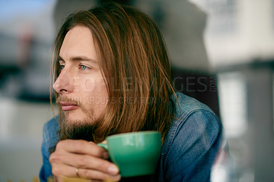 Buy stock photo Thinking, man and rest with coffee at house for morning start, planning and ideas for weekend break. Male person, wonder and espresso beverage for reflection, remember past and thoughtful in lounge
