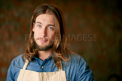 Buy stock photo Portrait, barber shop and man in salon for small business, startup employee and professional hairdresser. Confidence, hairstylist and male person, worker and owner with beauty service in Germany