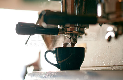 Buy stock photo Machine, coffee and pouring into cup in cafe for latte order, premium blend caffeine and brewing process. Hospitality industry, closeup and beverage preparation for espresso service and fresh brew