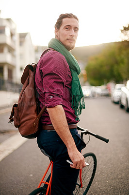 Buy stock photo Portrait, phone or man on bike in city for eco friendly transport, commute or outdoor travel. Leaving, morning or male designer in urban town with location, mobile or bicycle for online directions