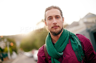 Buy stock photo Portrait, travel and man in town for holiday adventure, vacation or urban discovery. Outdoor, trip or confident male tourist in city for tourism, commute or location to explore street in Germany