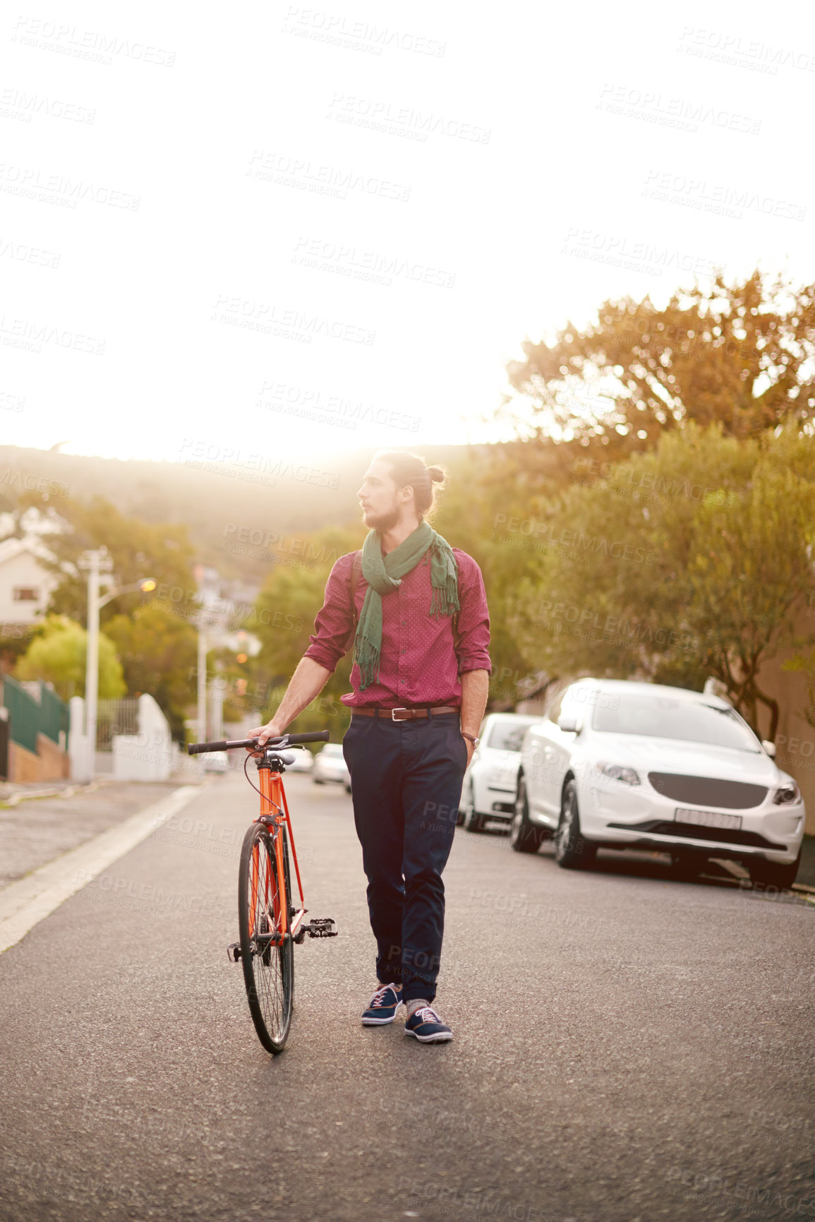 Buy stock photo Thinking, man or walk with bicycle in city for eco friendly transport, sustainability or leaving. Entrepreneur, street or designer on road in urban town with outdoor travel, morning commute or bike