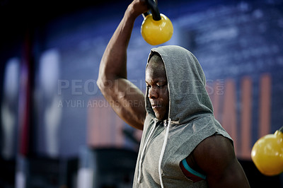 Buy stock photo Fitness, black man or kettlebell workout at gym for strength training, power or muscle development. Class, bodybuilder and sweating with weights for endurance challenge or intense functional exercise