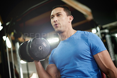 Buy stock photo Breathe, fitness and man with weights in gym for bodybuilder training, intense workout and exercise. Sports center, dumbbell and person with weightlifting equipment for strength, challenge or muscles