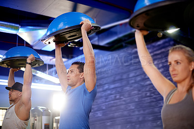 Buy stock photo Balance ball, fitness and people in class for exercise, cardio workout and training for mobility. Sports, health club and group with equipment for wellness, stretching and muscle strength in gym