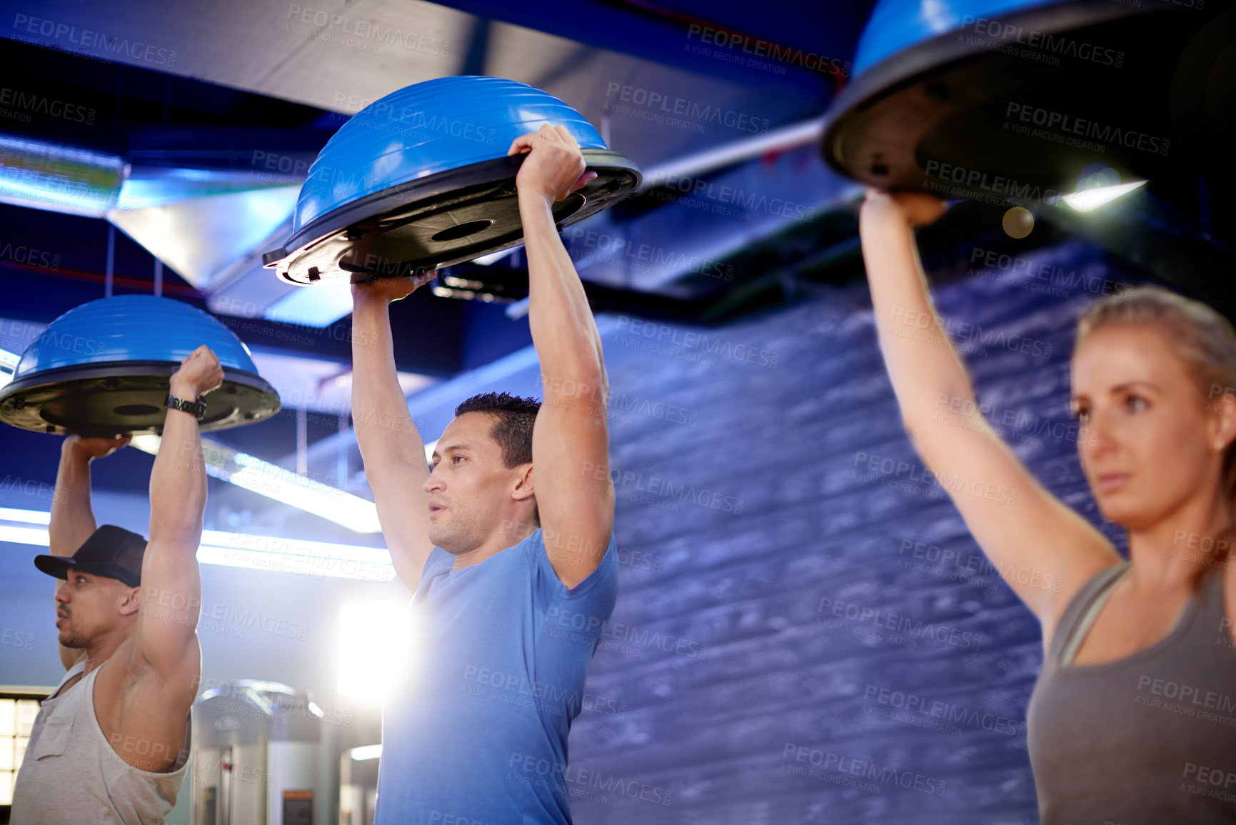 Buy stock photo Balance ball, fitness and people in class for exercise, cardio workout and training for mobility. Sports, health club and group with equipment for wellness, stretching and muscle strength in gym