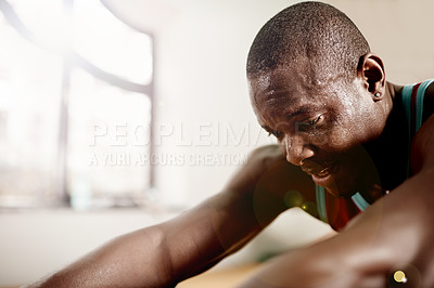 Buy stock photo Black man, sweating and fitness fatigue in gym with health, endurance training and exhausted. Intense, challenge and person with breathing, tired or overworked athlete with workout at sports center
