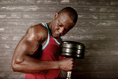 Buy stock photo Black man, biceps and dumbbells for weightlifting by wall, sweating and intense workout with power. Male bodybuilder, weights or equipment for exercise, challenge or strength training for muscle