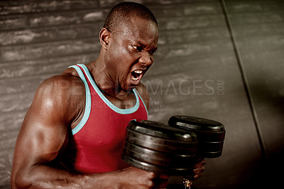 Buy stock photo Dumbbell, workout and screaming with black man in gym for bodybuilder, intense training and muscle challenge. Exercise equipment, weightlifting and athlete strength with person in sports club
