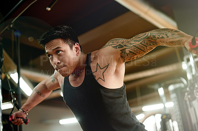 Buy stock photo Weights, band and man in gym for exercise, bodybuilder training and workout for strength. Sports center, equipment and person with weightlifting machine for strong arms, muscles and fitness challenge
