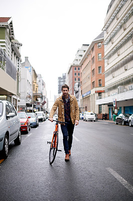 Buy stock photo Commuting, portrait and man with bicycle, morning and eco friendly transport for employee or urban road. Outdoor, travel and person with bike for trip, sustainable and journey to work in city and USA