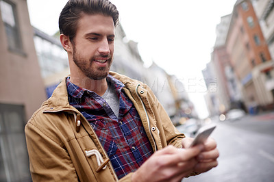 Buy stock photo Phone, travel and search with man in city for location app, social media and online directions. Communication, navigation and destination with person and scroll outdoor for digital map and connection
