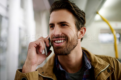 Buy stock photo Happy man, phone call or conversation with chat for travel, local commute or discussion. Male person, tourist or traveler talking with smile on mobile smartphone for communication in public transport