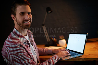 Buy stock photo Laptop screen, night and portrait of businessman typing, creative update and software development. Smile, overtime and frontend developer on computer for web design on black background in studio