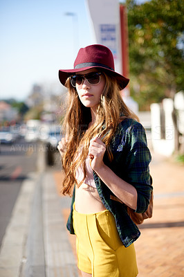 Buy stock photo Girl, tourist and waiting at bus stop in city for travel ideas, public transport and sightseeing abroad. Female teenager, relax and explore for taxi delay, morning commute and getaway trip on holiday