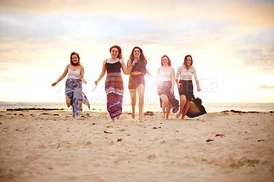 Buy stock photo Running, portrait and women with friends at beach, girl group and happy with vacation for bonding. Fun, energy and excited people with sunset reunion, adventure or travel with summer coastal holiday