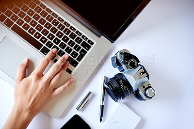 Buy stock photo Person, hands and photographer with laptop, camera or notes for graphc design or photo editing. Top view, designer and computer with digital technology or equipment for photography or online course