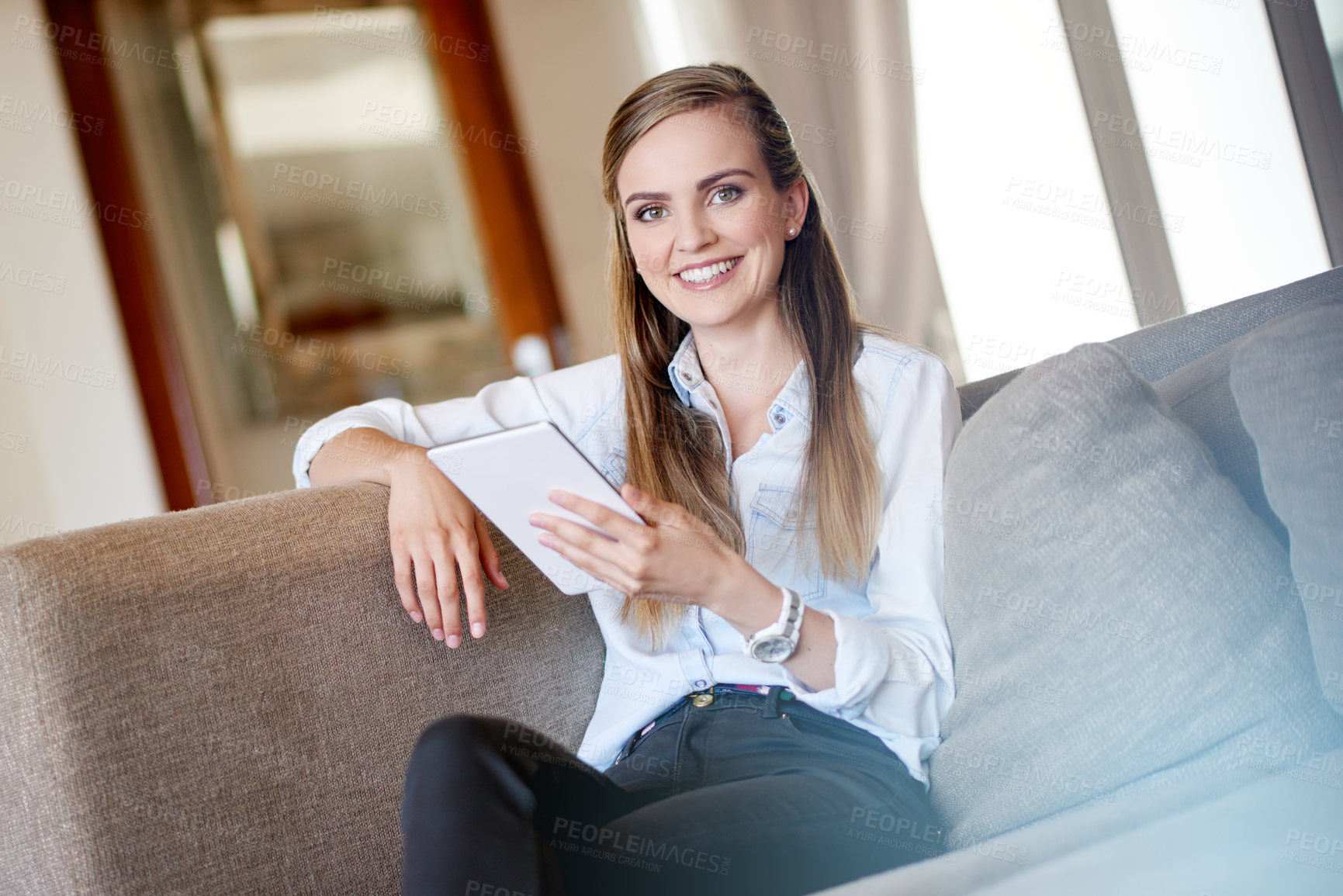 Buy stock photo Portrait, woman and relax with tablet at house for remote work, research and editing article. Smile, female person and digital for copywriting, news story and review draft for publication information