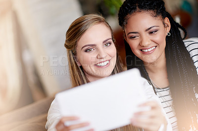 Buy stock photo Selfie, tablet and women or friends on sofa for social media, profile picture and content creation. Photography post, memory and happiness with people in living room of home for influencer update
