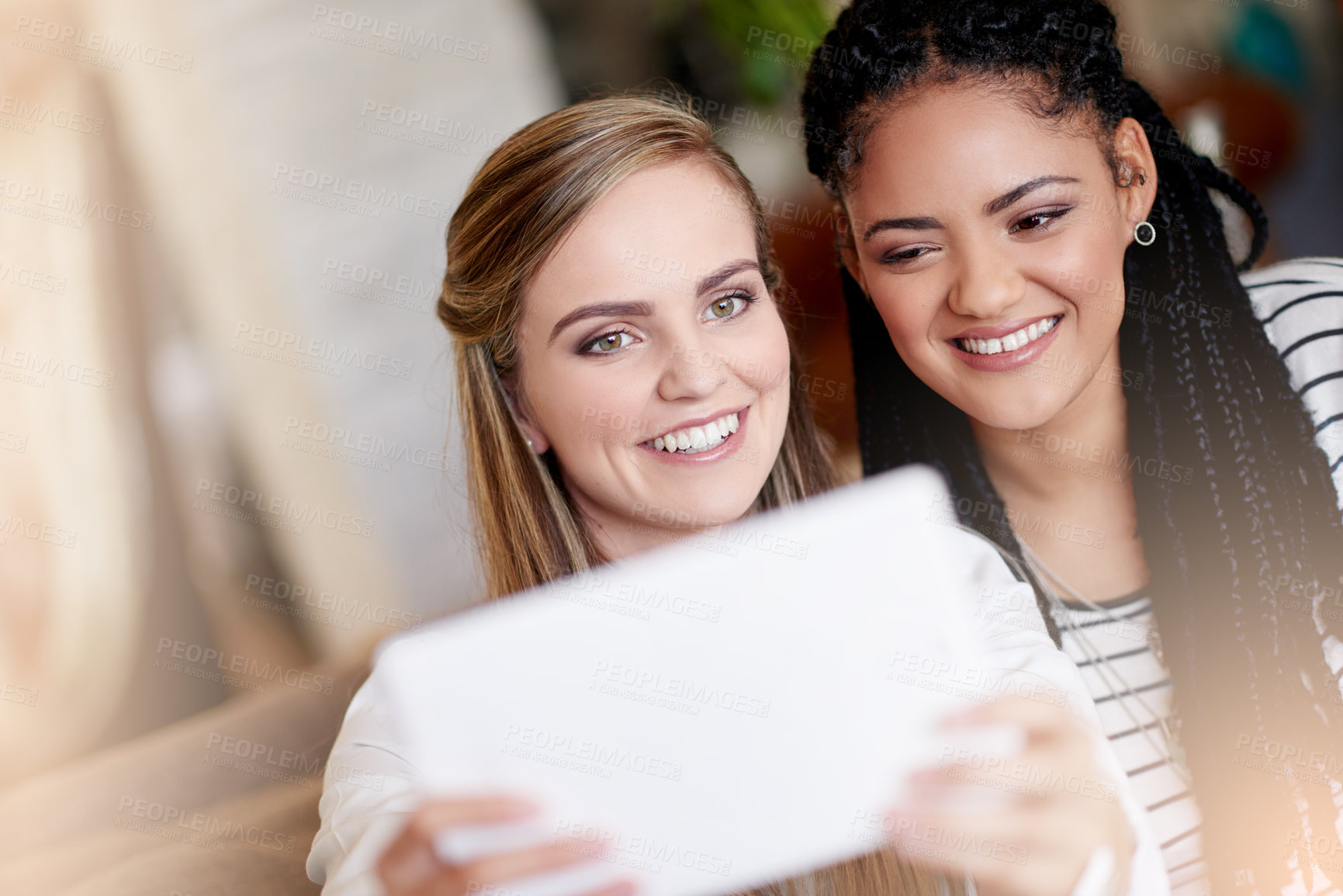 Buy stock photo Selfie, tablet and women or friends on sofa for social media, profile picture and content creation. Photography post, memory and happiness with people in living room of home for influencer update
