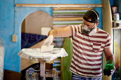 Buy stock photo Resin, PPE and man with fiberglass, surfboard and creativity for skills, talent and hobby. Craftsman, artist and entrepreneur with workshop for design, manufacturing and custom work for artisan craft