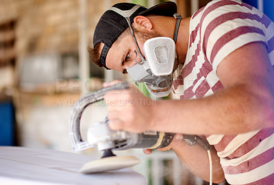 Buy stock photo Sanding, man and machine in workshop for manufacturing, restoration or surfboard tools. Production, project or creative wooden craft in small business for surfing equipment and renovation process