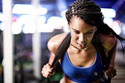 Buy stock photo Athlete, woman and pulling workout at gym for exercise, intense training and body strength. Female person, bodybuilder and weight equipment for endurance fitness, muscle growth and power performance