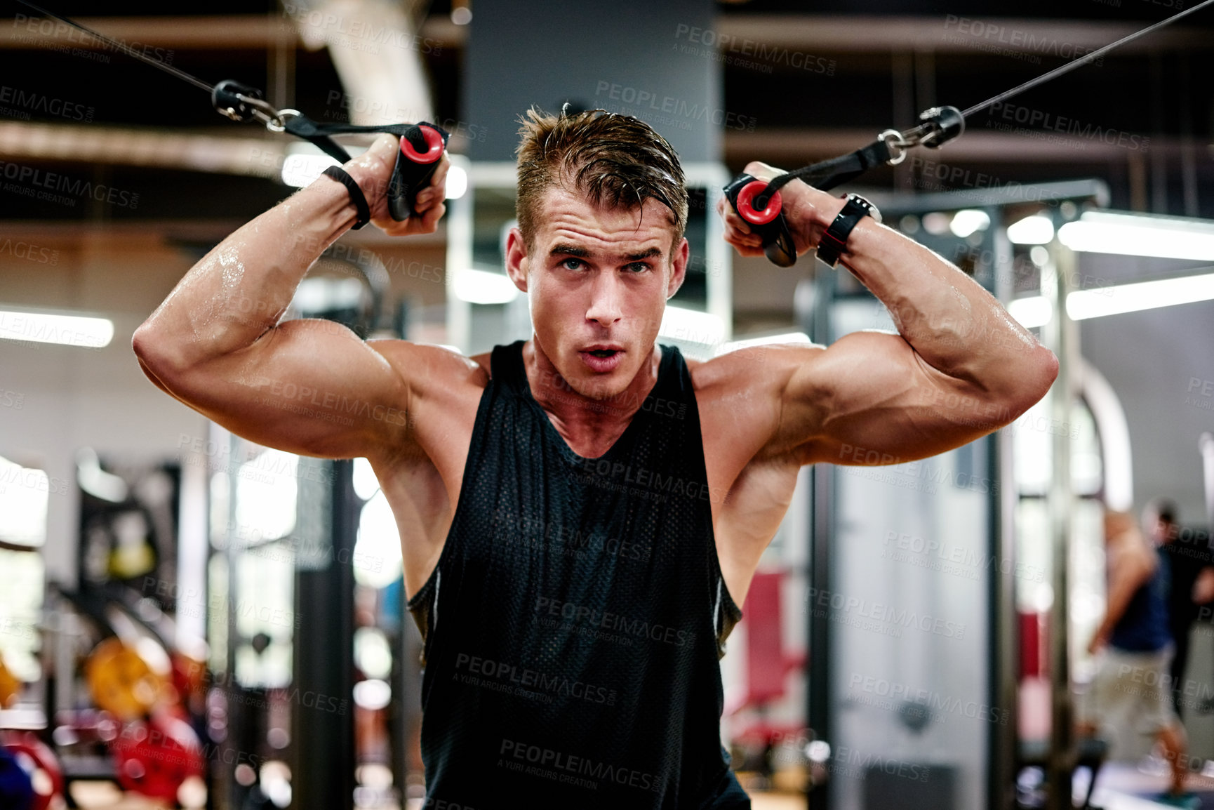 Buy stock photo Exercise, man and equipment for bodybuilder, workout and training in gym for health and power. Sport person, weightlifting and performance for muscle development, challenge or fitness for wellness