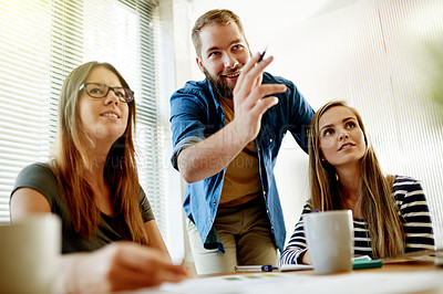 Buy stock photo Meeting, planning and team with business people in office for media briefing, report and collaboration. Press release pitch, journalist update and partnership with employees in creative agency