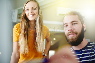 Buy stock photo Smile, creative and people writing in office for planning, story ideas and schedule update. Woman, man and notes for brainstorming, article feedback and project information for publication deadline