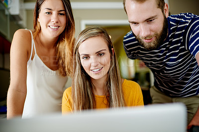 Buy stock photo Business, teamwork and people in office, laptop and creativity with planning for layout. Brainstorming, cooperation and journalist in workplace, pc and email for review, feedback and copywriting