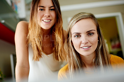 Buy stock photo Collaboration, laptop and smile of business women in office together for planning or research. Computer, information and reading with employee team in workplace for administration or online report
