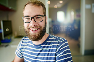 Buy stock photo Portrait, small business and smile of graphic designer man in office for concept development. Confident, design and glasses with professional illustrator, happy in workplace for technical startup
