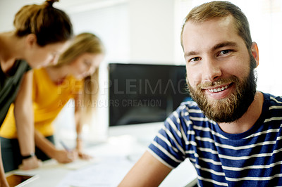 Buy stock photo Happy man, portrait and designers in startup meeting for planning together, help or solution. Group project, creative team and people in office for problem solving, company or brainstorming ideas