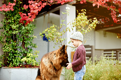 Buy stock photo Love, dog and child in garden of home for relax, bonding or support together. Animal care, calm and pet adoption with kid and German shepherd in backyard of house for weekend break and comfort