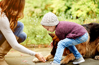 Buy stock photo Park, pet and mom with child, dog and nature for training, care and outdoors for bonding. Happy family, animal and mother with boy, German Sheppard and trust together for weekend walk