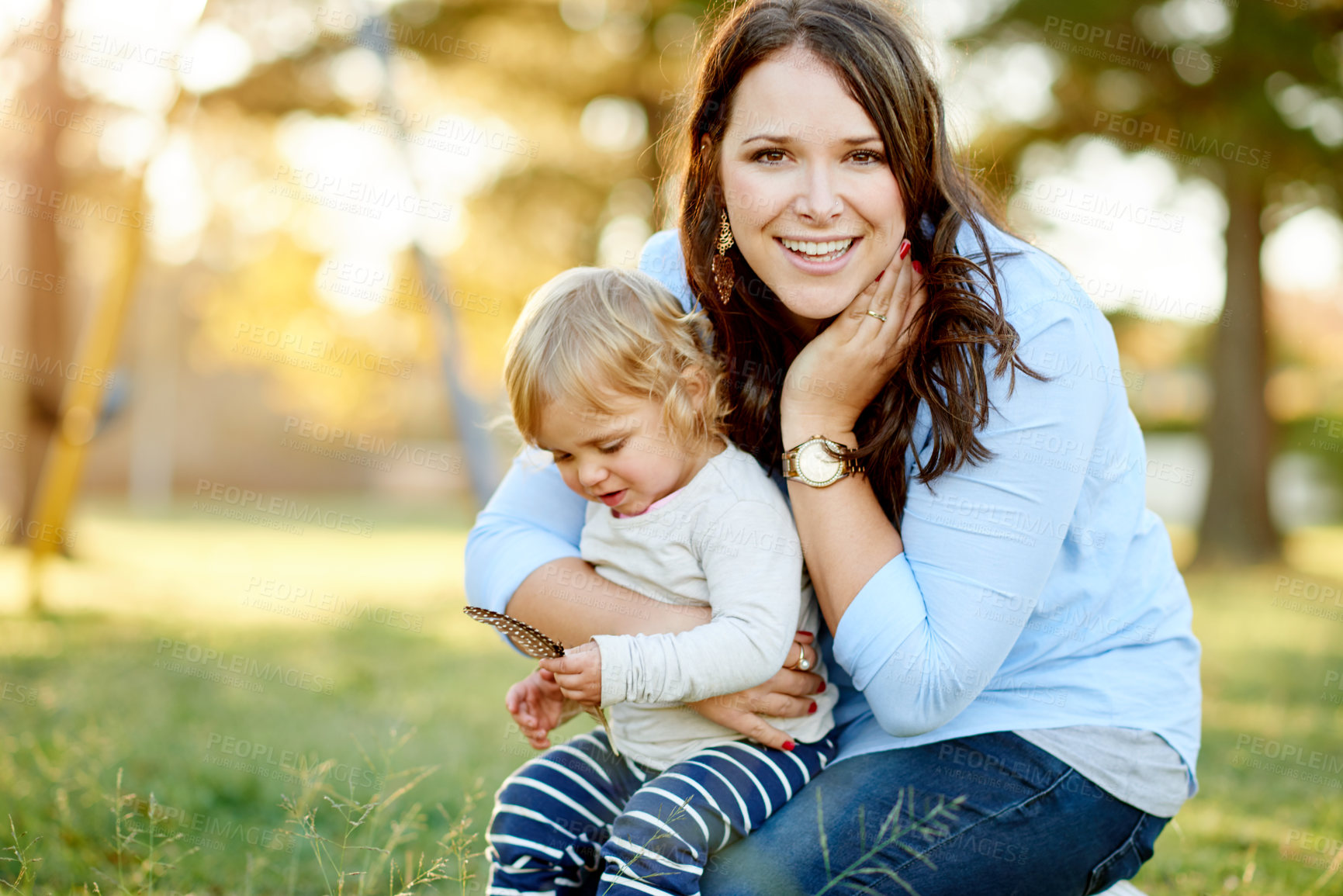 Buy stock photo Portrait, mother and girl child at park with hug, support and bonding together for childhood development. Happy, parent and toddler playing outdoor in nature with space for love, growth or connection