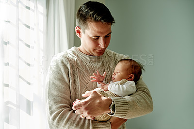Buy stock photo Home, man and bonding with newborn, sleeping or parent with love for child, protection or childcare. Baby, nap and father with daughter in nursery, resting and family in house, affection and calm