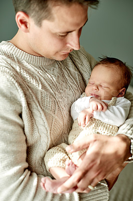 Buy stock photo Bonding, cute and father holding baby in home for love, family time and sweet moment together. Connection, child and dad with newborn kid for care, support or affection in parenthood at house.