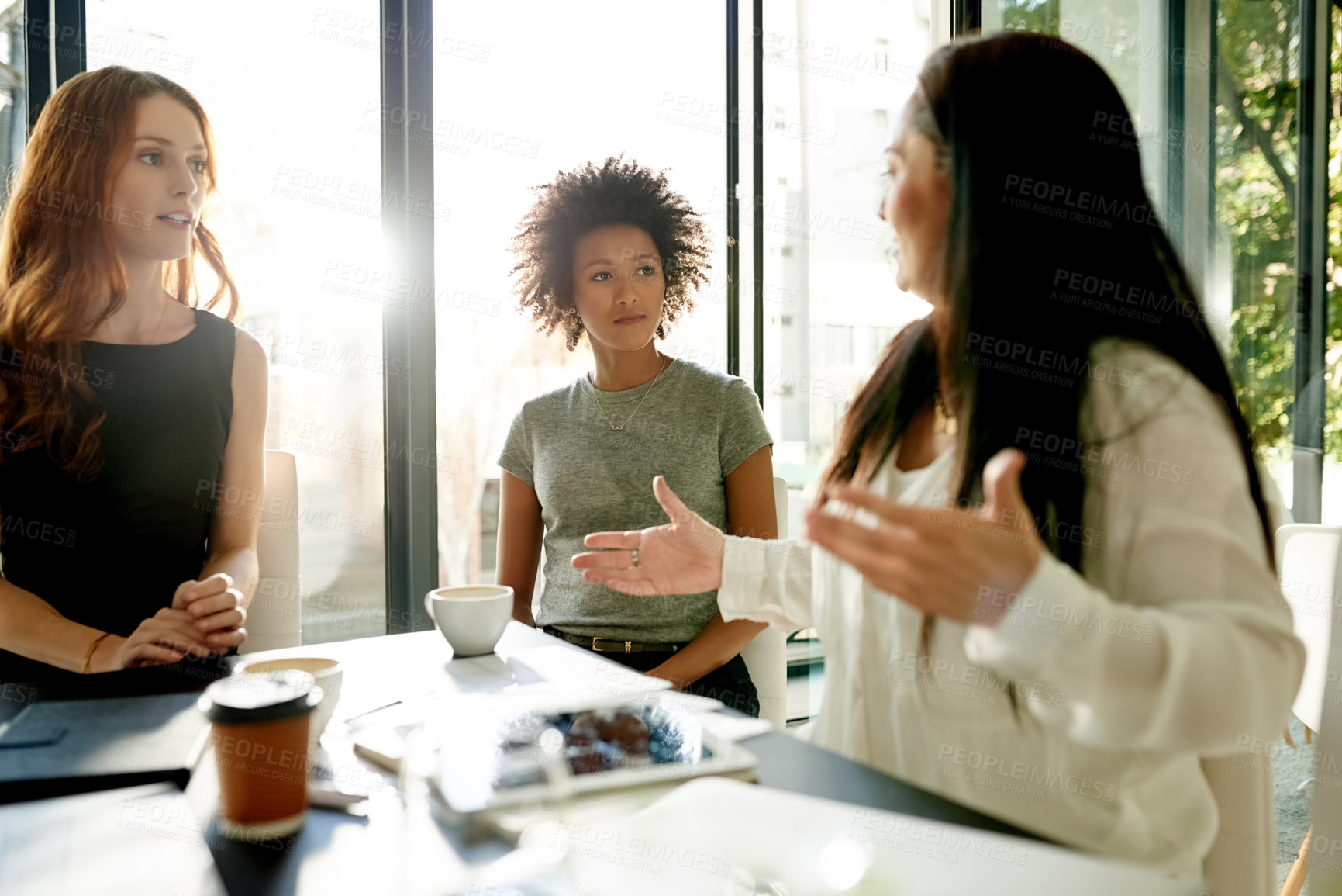 Buy stock photo Team, research and planning with business people in meeting for feedback, campaign project and media report. Press briefing, review and public relations startup with employees in agency for brand